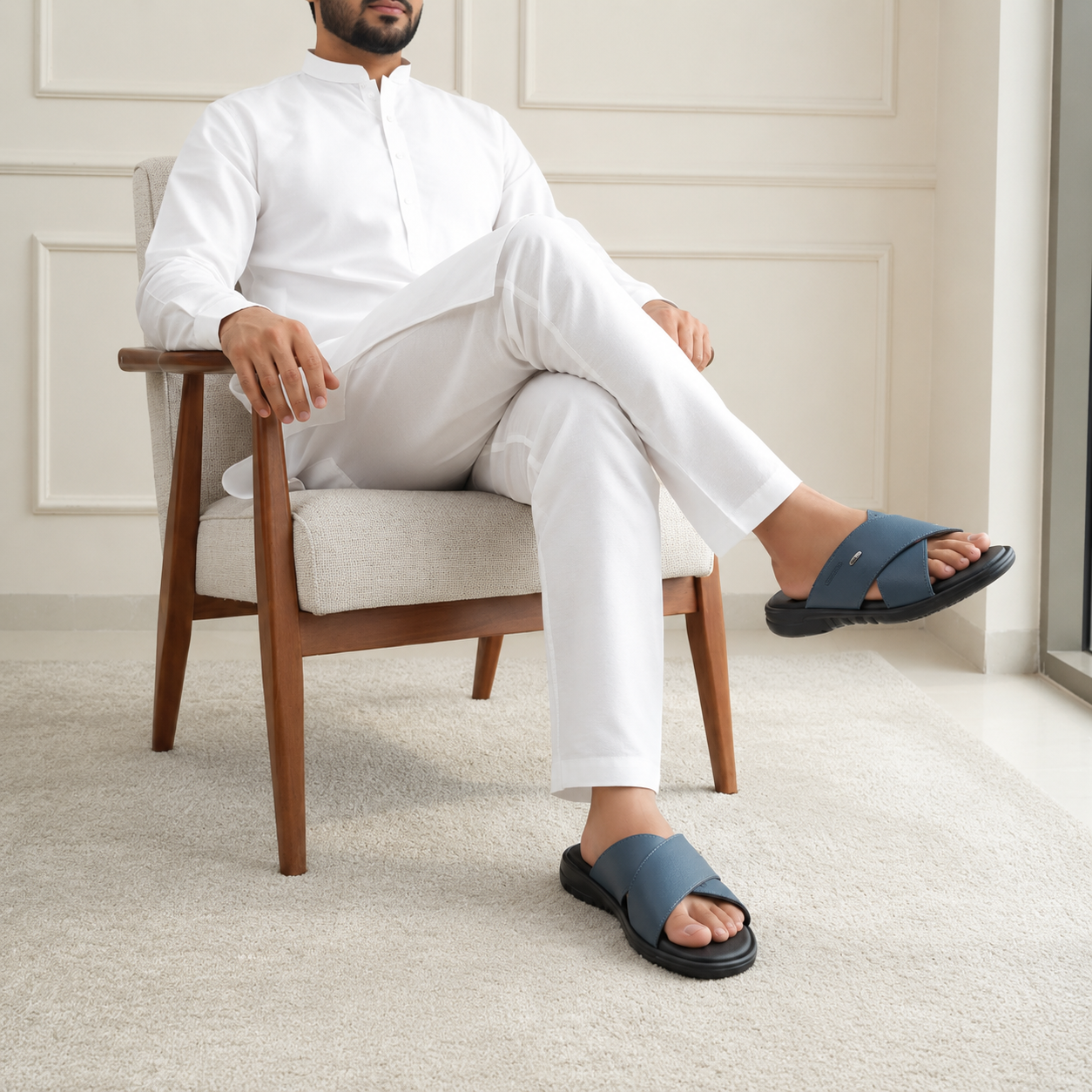 Urban cross strap blue slippers for men made from original leather with a soft cushioned footbed.