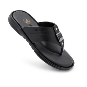 Black classic leather toe ring sandals for men made from original leather with a cushioned footbed.