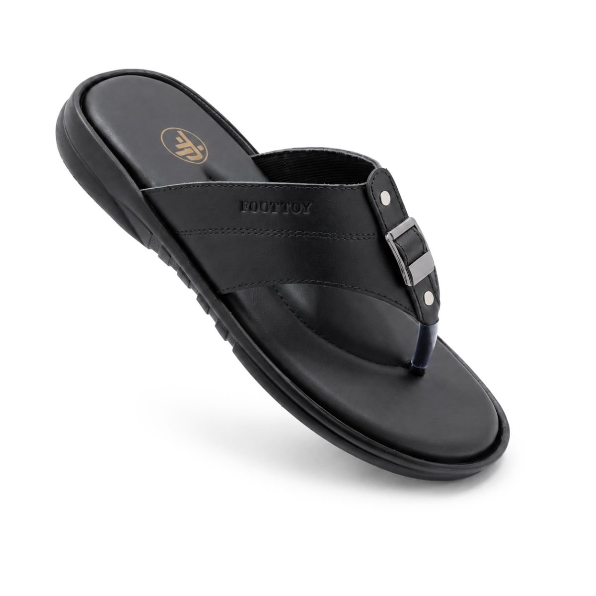 Black classic leather toe ring sandals for men made from original leather with a cushioned footbed.