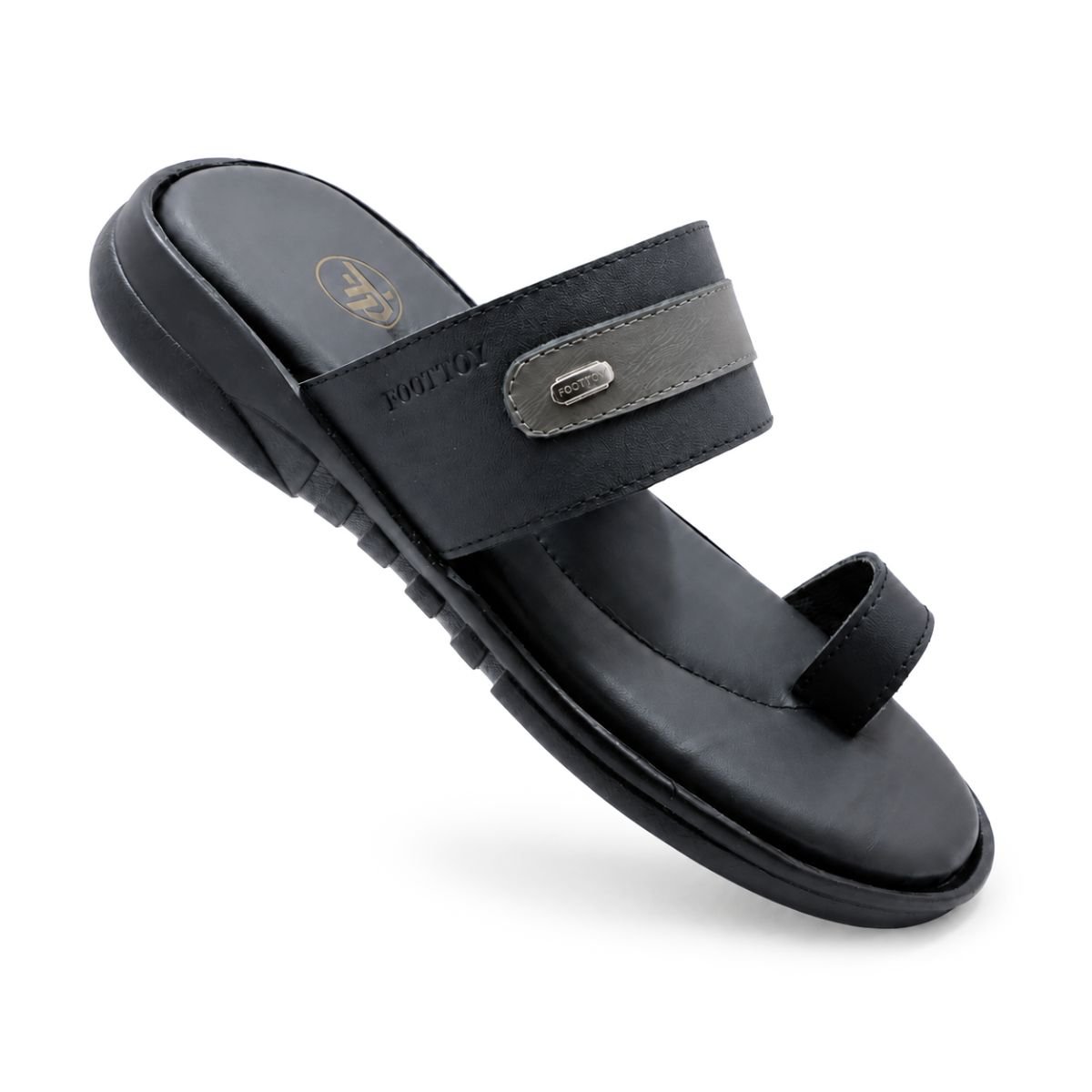 Black classic toe ring slippers for men made from original leather with a soft cushioned footbed.