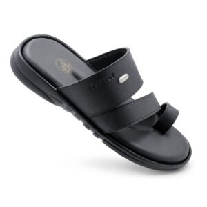 Comfort double strap black toe ring slippers for men made from original leather with a soft cushioned footbed.