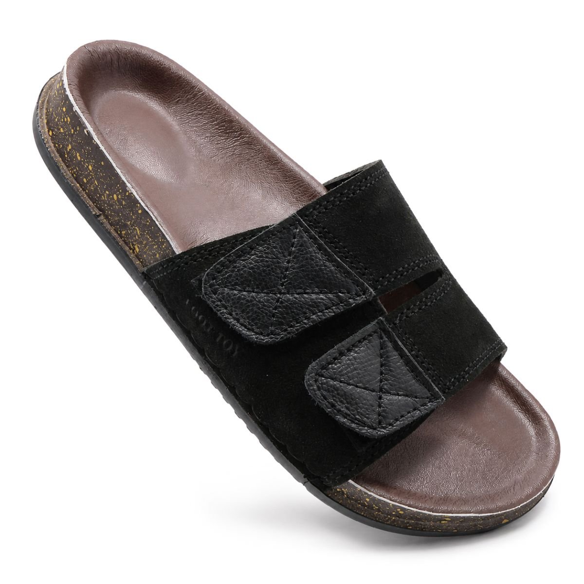 Premium black suede double strap slippers for men made from original leather with a soft cushioned footbed.